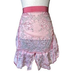 Vintage Floral Print Womens Apron Pink Sheer Ruffled Tie Waist Retro